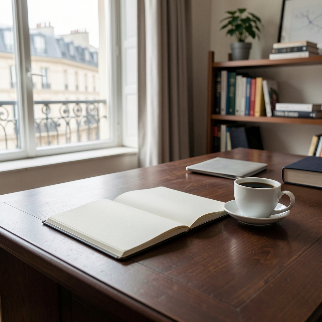 Quiet editorial workspace in a Parisian apartment, notebooks stacked on a dark wood table near a tall window with afternoon light