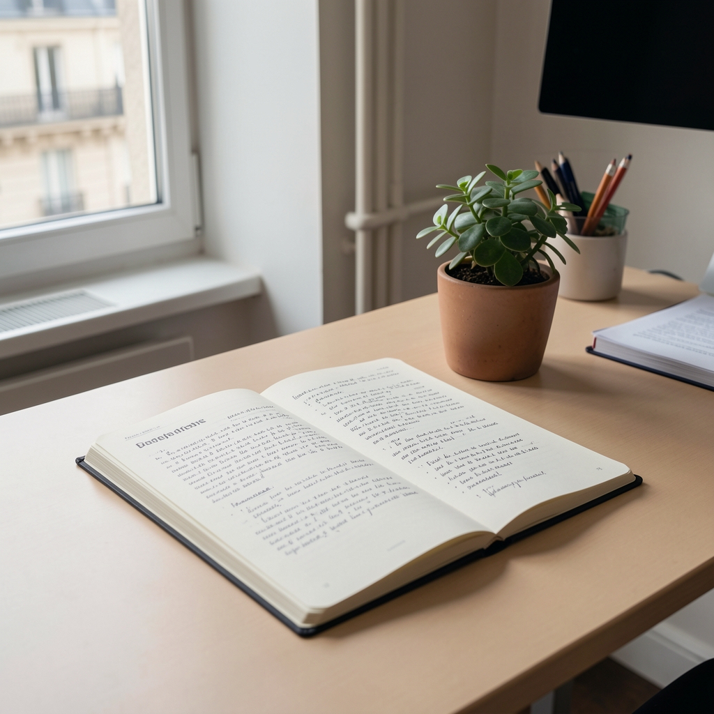 Open editorial notebook with handwritten notes beside a small plant and window light in a Paris office, organised and uncluttered