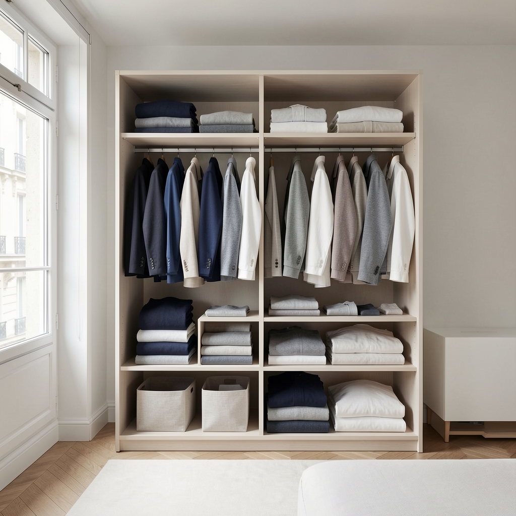 Neatly arranged wardrobe with folded garments in neutral tones of navy, grey and white in a clean minimal apartment in Paris